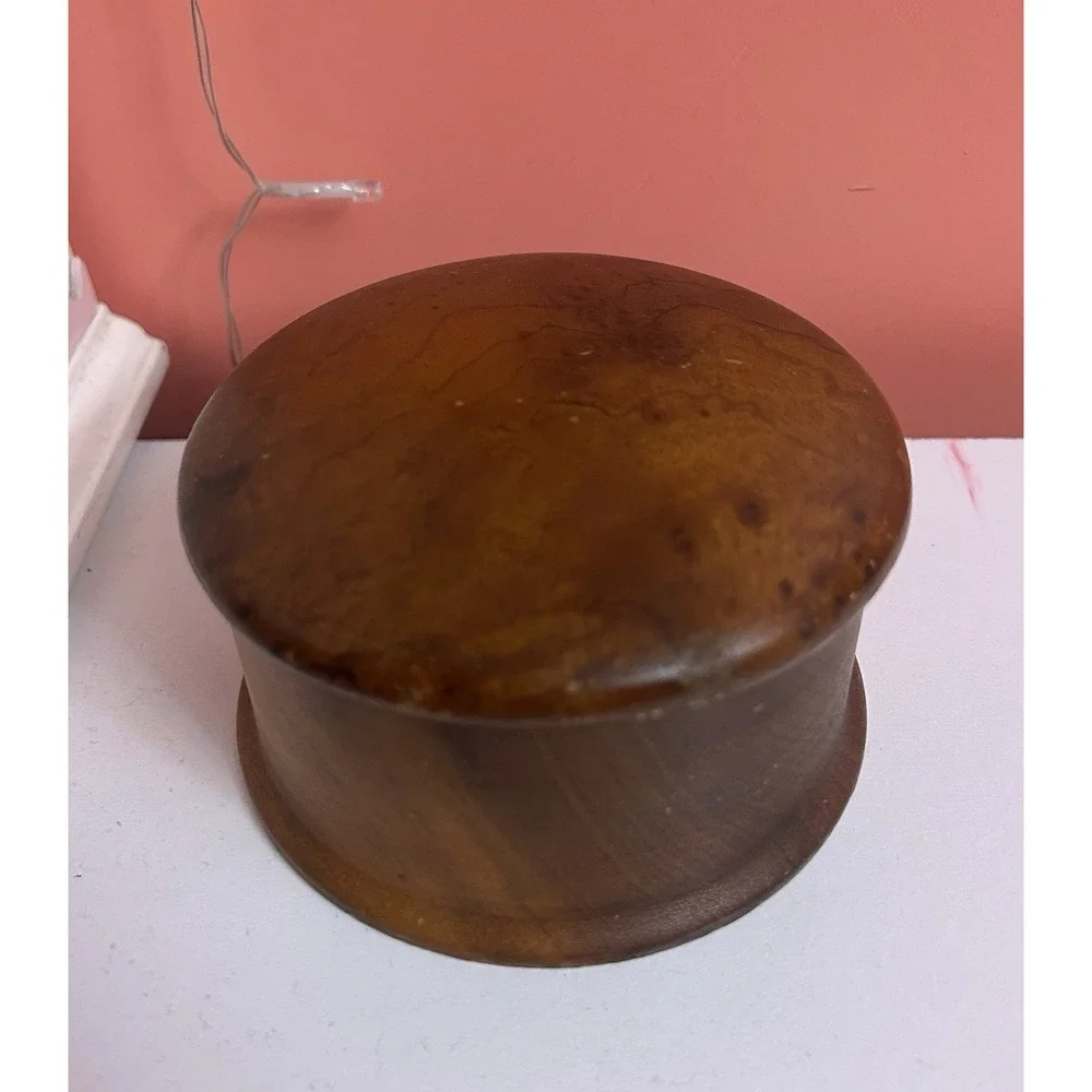 Handmade Round Wooden Lidded Trinket Box, Rustic Brown Wood Grain, Made in OR
